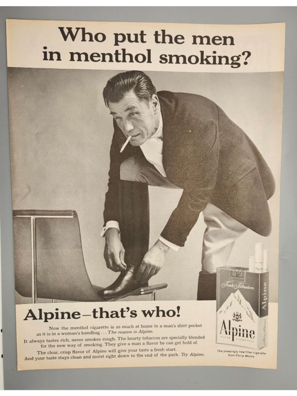 Vintage Alpine Menthol Cigarettes Print Ad 1960s Mens Style Smoking Advertisemen